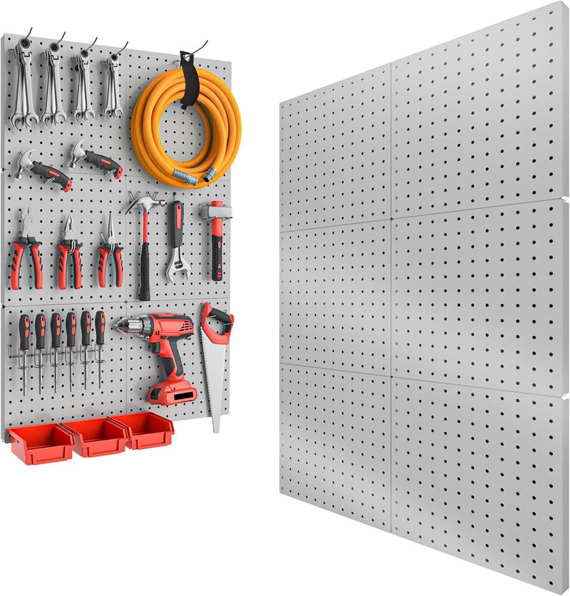 FZK Peg Board, 6PCS Metal Pegboard, Heavy Duty Pegboard Wall Organizer with Frame. Pegboard for Walls, Garage, Workbench, Craft Room Tool Organization, Metal Pegboard Panels 12in*12in,Grey - Image 1